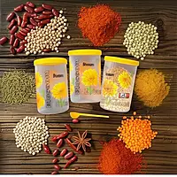 3 Pcs Flower Printed Spice Pulse Storage Container with Spoon 2000ML EACH
