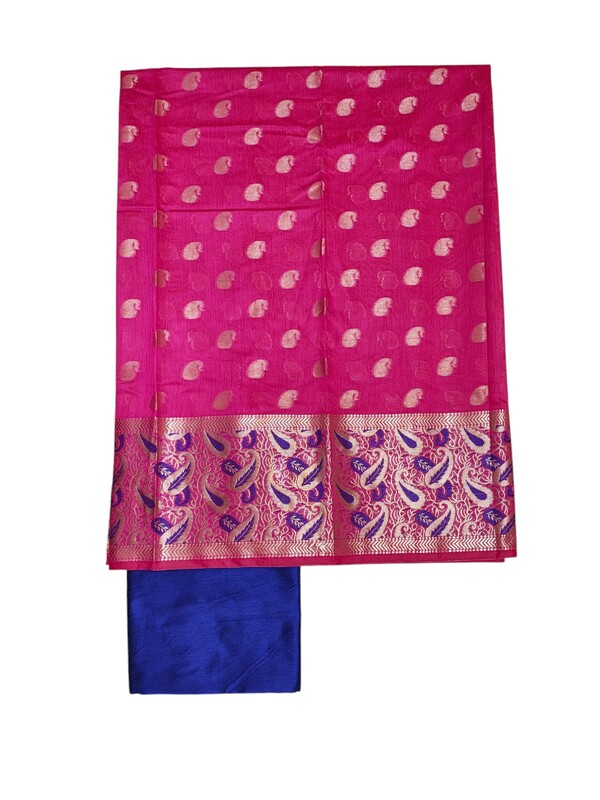 Pink & Blue Unstitched Banarasi Cotton Silk Dress Material with Dupatta for Women