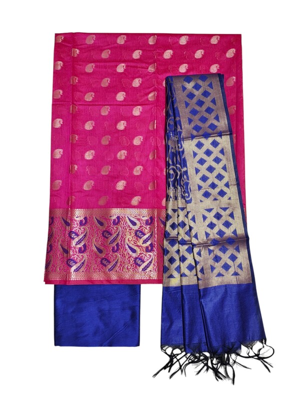 Pink & Blue Unstitched Banarasi Cotton Silk Dress Material with Dupatta for Women