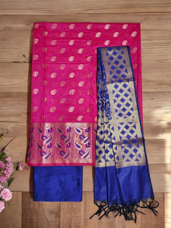 Pink & Blue Unstitched Banarasi Cotton Silk Dress Material with Dupatta for Women
