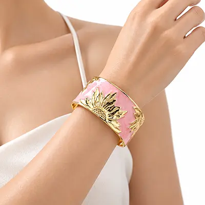 Rosmira Blush Sunflower 18K Gold-Plated Enamel Cuff Bracelet