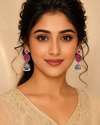 Gulmeher Magenta Enamel Oxidised Jhumka Earrings