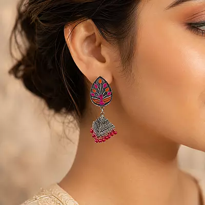 Gulnaar Peacock Enamel Oxidised Jhumka Earrings