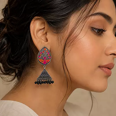 Rangrez Peacock Enamel Oxidised Jhumka Earrings