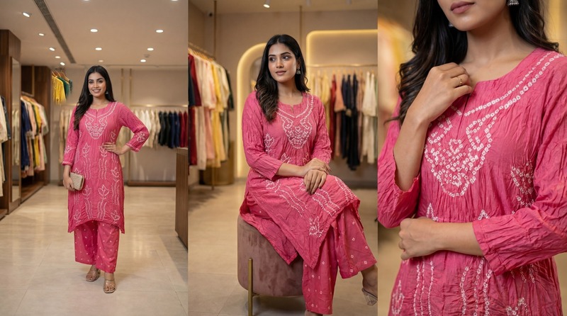 Kala Sanskruti All Over Pink Color Cotton Bandhani Women’s Redy Pair (2XL) Elegant Traditional Cotton Redy Pair For Women Without Dupatta