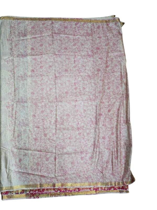 Pink Kalamkari Cotton Silk Saree with Unstitched Blouse for Women