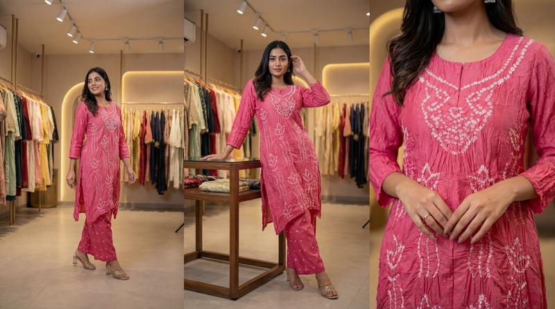 Kala Sanskruti All Over Pink Color Cotton Bandhani Women’s Redy Pair (2XL) Elegant Traditional Cotton Redy Pair For Women Without Dupatta