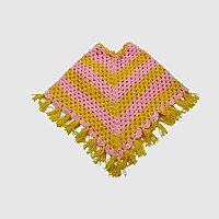 (1-2 Years) Handknitted Kids Poncho, Pink and Yellow Wool