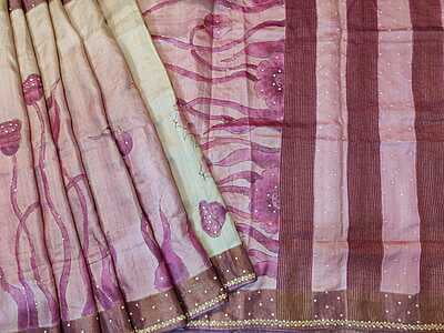 Rose pink and ivory pure tassar hand embroidered katdana work saree
