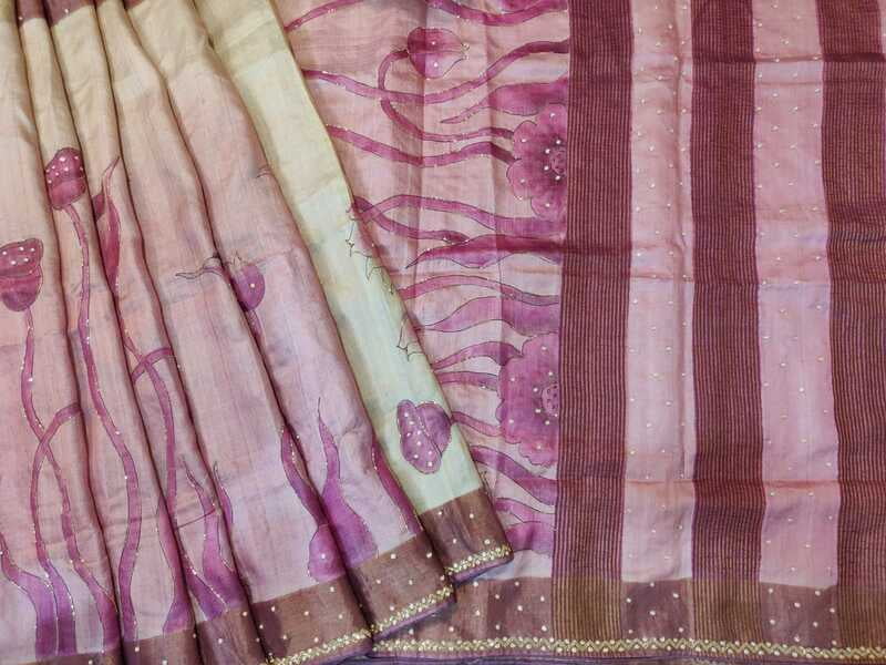 Rose pink and ivory pure tassar hand embroidered katdana work saree