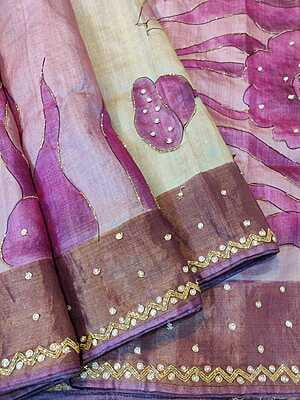 Rose pink and ivory pure tassar hand embroidered katdana work saree