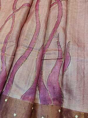 Rose pink and ivory pure tassar hand embroidered katdana work saree