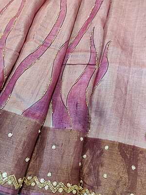 Rose pink and ivory pure tassar hand embroidered katdana work saree