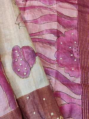 Rose pink and ivory pure tassar hand embroidered katdana work saree