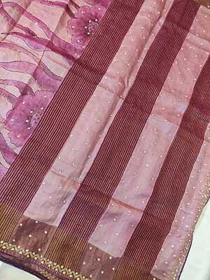 Rose pink and ivory pure tassar hand embroidered katdana work saree
