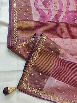 Rose pink and ivory pure tassar hand embroidered katdana work saree