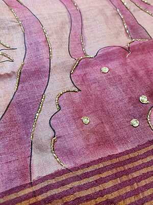 Rose pink and ivory pure tassar hand embroidered katdana work saree