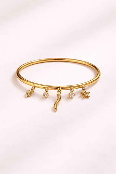 Gold Heart and Clover Charm Bangle for Women