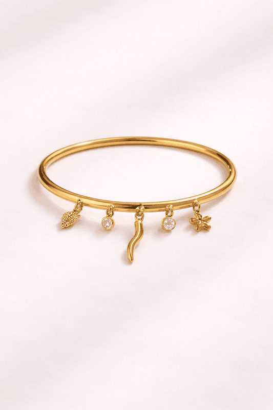 Gold Heart and Clover Charm Bangle for Women