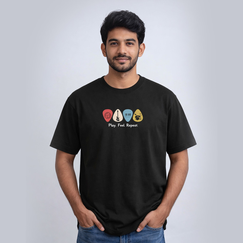 Play Feel Repeat Black Cotton Regular Fit T-Shirt