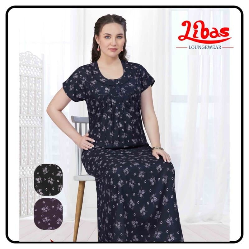 Black Navy Blue Premium Cotton Pleated Nighty With Floral Prints & Button Closure All Over From Libas Loungewear - PLT268 Black Navy Blue Premium Cotton Pleated Nighty With Floral Prints & Button Closure All Over From Libas Loungewear - PLT268