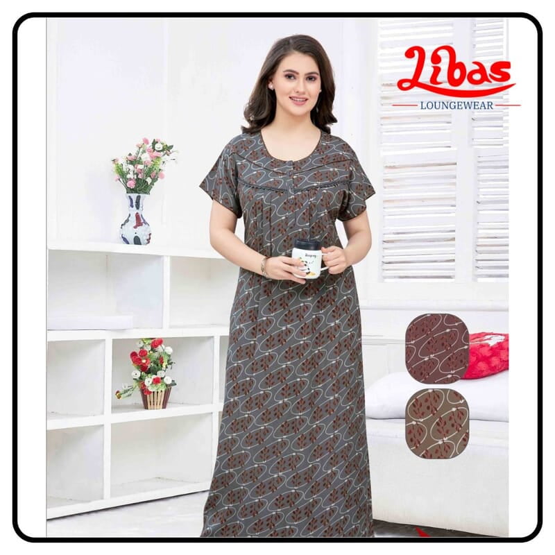 Grey Muted Mulberry Spun Cotton Nighty With Oval Strips Print From Libas Loungewear-PLT265 Grey Muted Mulberry Spun Cotton Nighty With Oval Strips Print From Libas Loungewear-PLT265