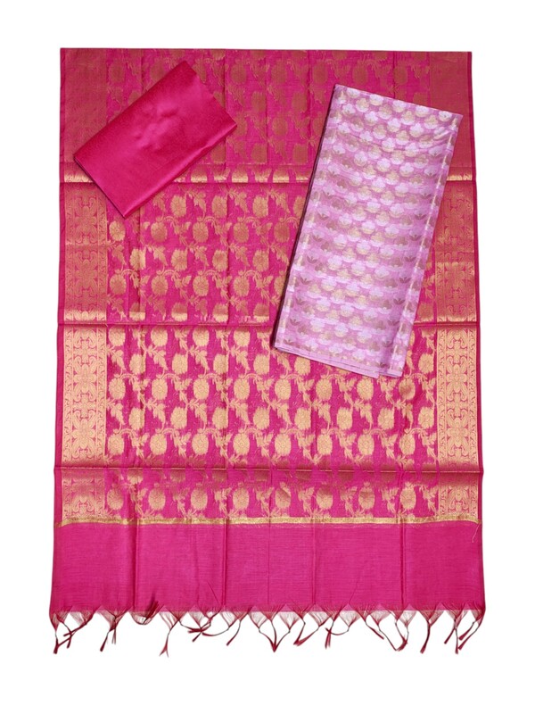 Pink & Magenta Unstitched Banarasi Cotton Silk Dress Material with Dupatta for Women