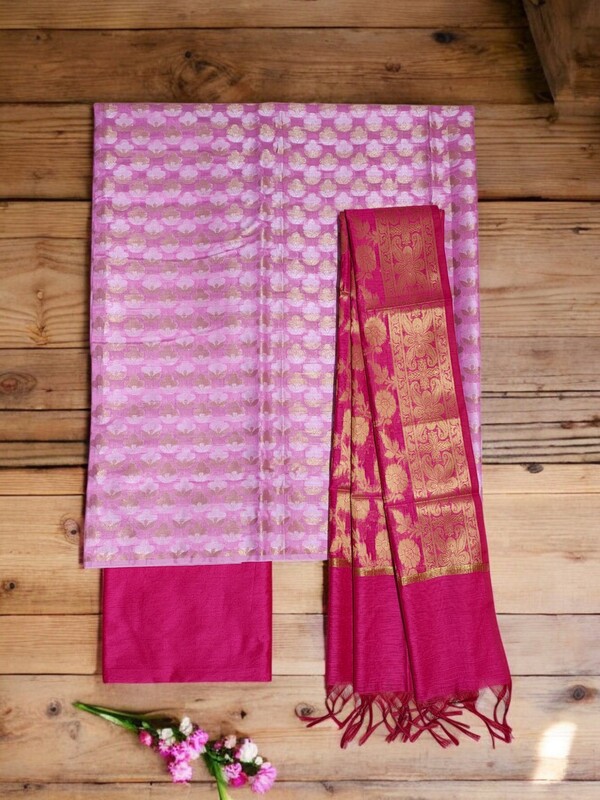 Pink & Magenta Unstitched Banarasi Cotton Silk Dress Material with Dupatta for Women