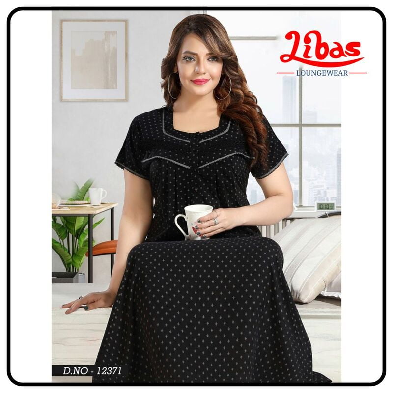 Nero Black Crush Cotton Pleated Nighty With Block Prints All Over From Libas Loungewear - PLT261
