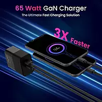 Portronics 65W GaN Wall Charger – Fast Charging | Detachable Cable Included | Compact Design | Black