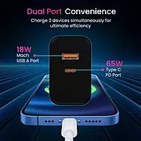 Portronics 65W GaN Wall Charger – Fast Charging | Detachable Cable Included | Compact Design | Black