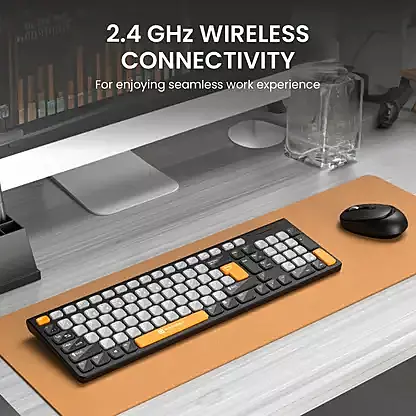 Portronics POR 2113 Wireless Keyboard – Sleek Grey & Vibrant Orange design, featuring a compact layout, comfortable keys, and reliable wireless connectivity for seamless typing experience.