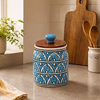 ceramic canister with wooden lid