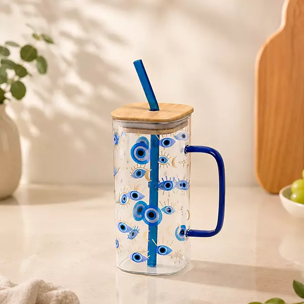 Evil Eye Sipper with Bamboo Lid & Glass Straw