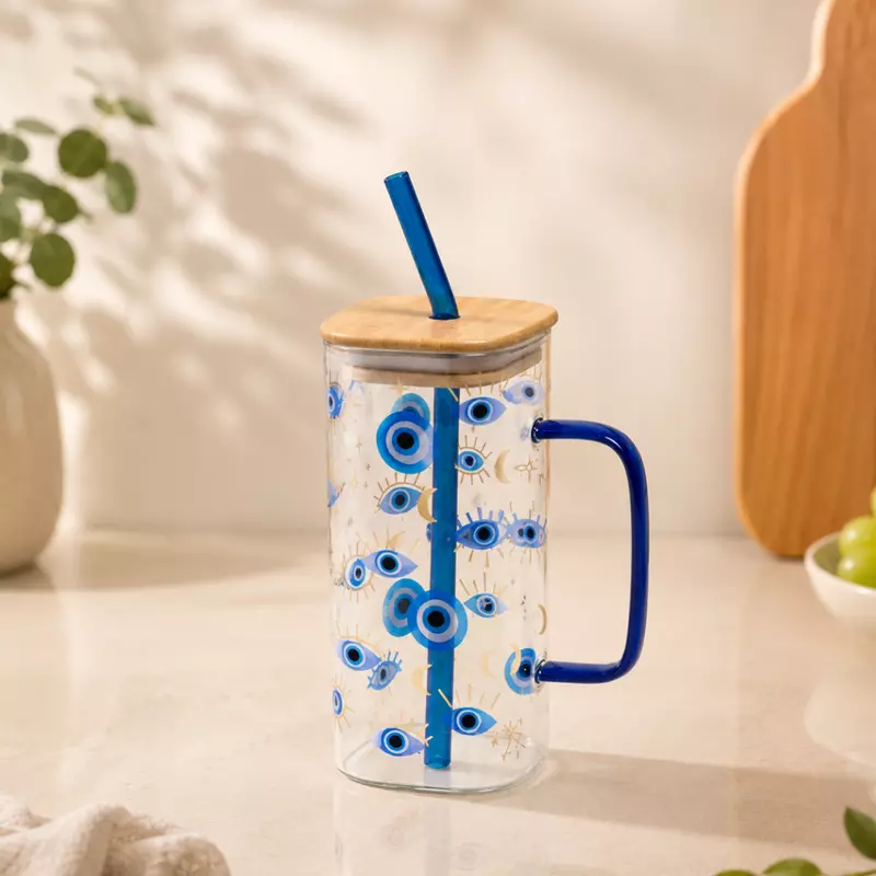 Evil Eye Sipper with Bamboo Lid & Glass Straw