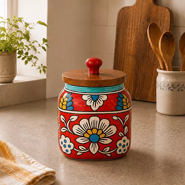 ceramic canister with wooden lid