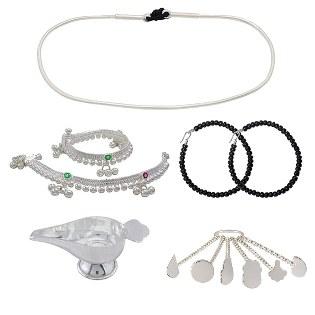 silver gift set for Born Babies- silver (Anklet/Kolusu, Hip Chian/Arunaal, Feeder/Paladai, Bindhi/pottu Kit)