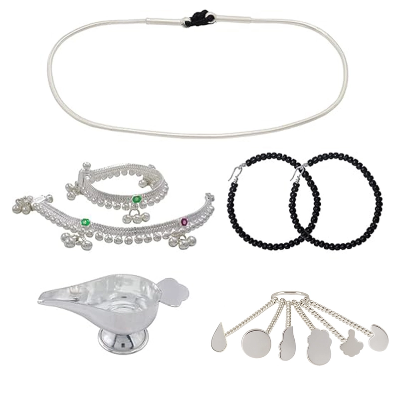 silver gift set for Born Babies- silver (Anklet/Kolusu, Hip Chian/Arunaal, Feeder/Paladai, Bindhi/pottu Kit)
