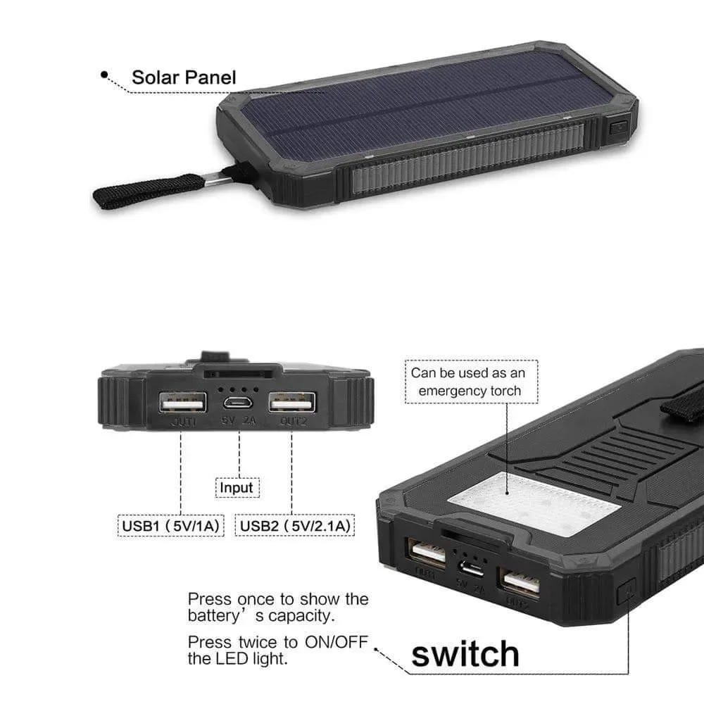 LED Dual USB Ports Solar Panel Power Backup 10000mah