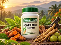 Power Green Powder with Ashwagandha and turmeric root, traditional Ayurvedic herbs