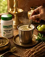 Power Green Powder mixed with warm milk, traditional Ayurvedic preparation method