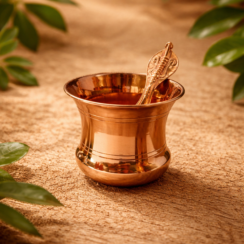 Pure Copper Tamba Panch Patra with Achmani Pali Spoon