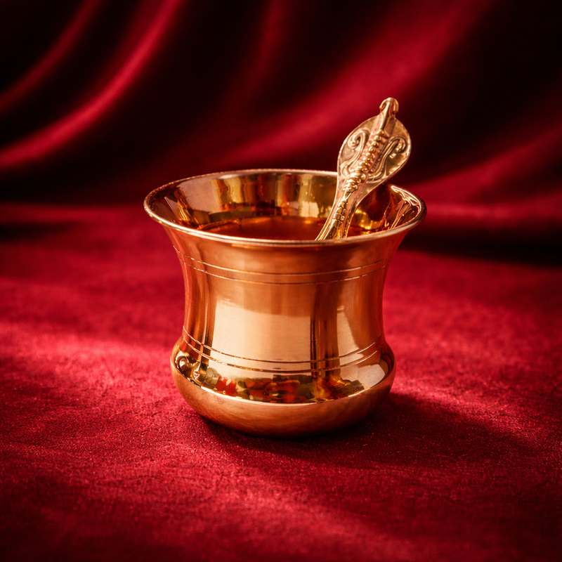 Pure Copper Tamba Panch Patra with Achmani Pali Spoon