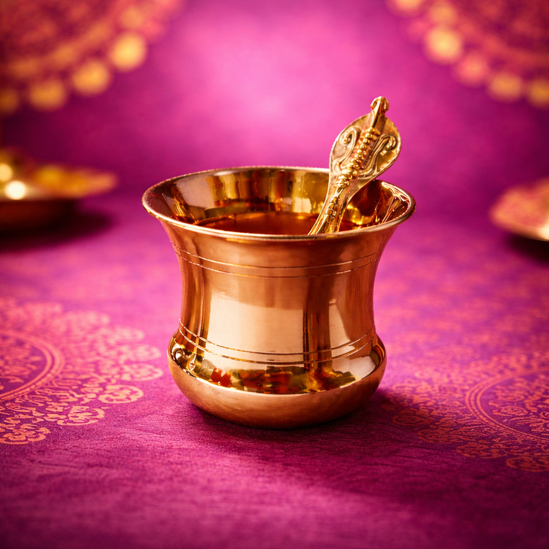 Pure Copper Tamba Panch Patra with Achmani Pali Spoon