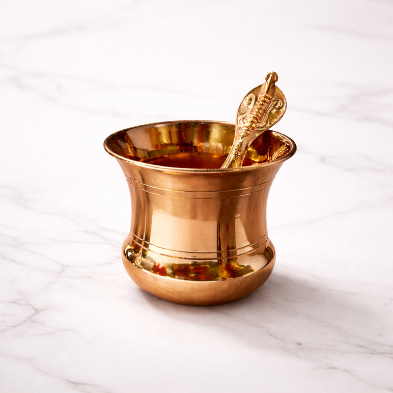 Pure Copper Tamba Panch Patra with Achmani Pali Spoon