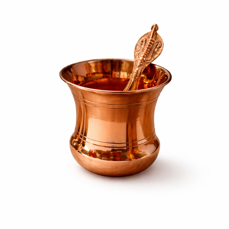 Pure Copper Tamba Panch Patra with Achmani Pali Spoon