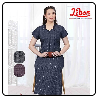 Deep Velvet Blue Soft Cotton Nighty With Doted Print All Over From Libas Loungewear - PS540
