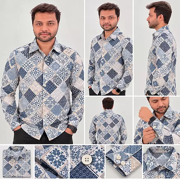 Blue White Patchwork Diamond Print Full Sleeve Cotton Shirt 4835