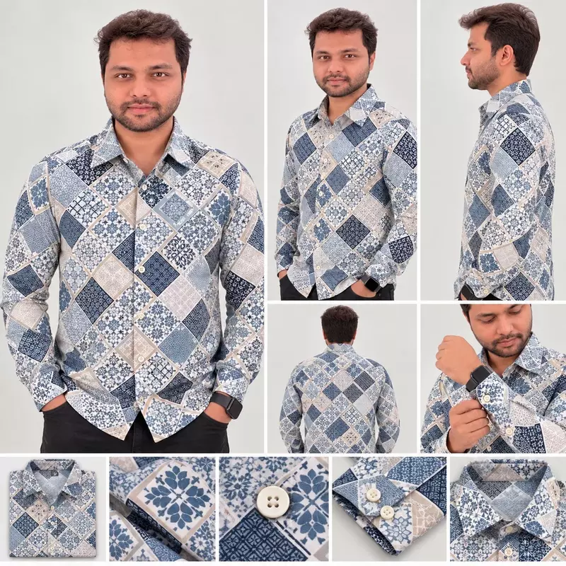 Blue White Patchwork Diamond Print Full Sleeve Cotton Shirt 4835