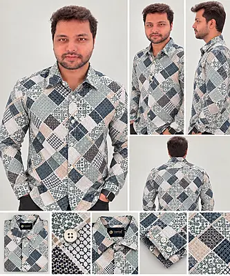 Blue Green Patchwork Geometric Print Full Sleeve Shirt